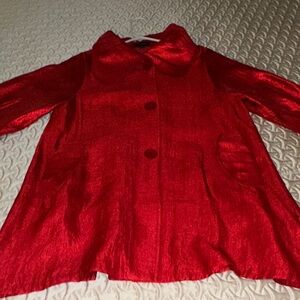 Solid Shimmery Button Down Swing Jacket in Coral Red